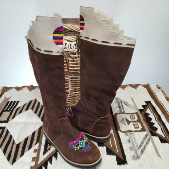 Fortress of Inca Tall Boots Suede Brown Motifs Tribal Boho Hippie Women 7 Peru - Picture 12 of 12